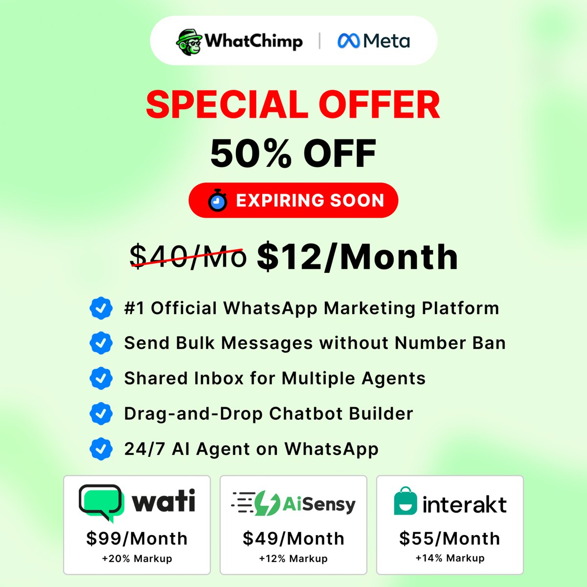 WhatChimp: 0% Markup Fees on API