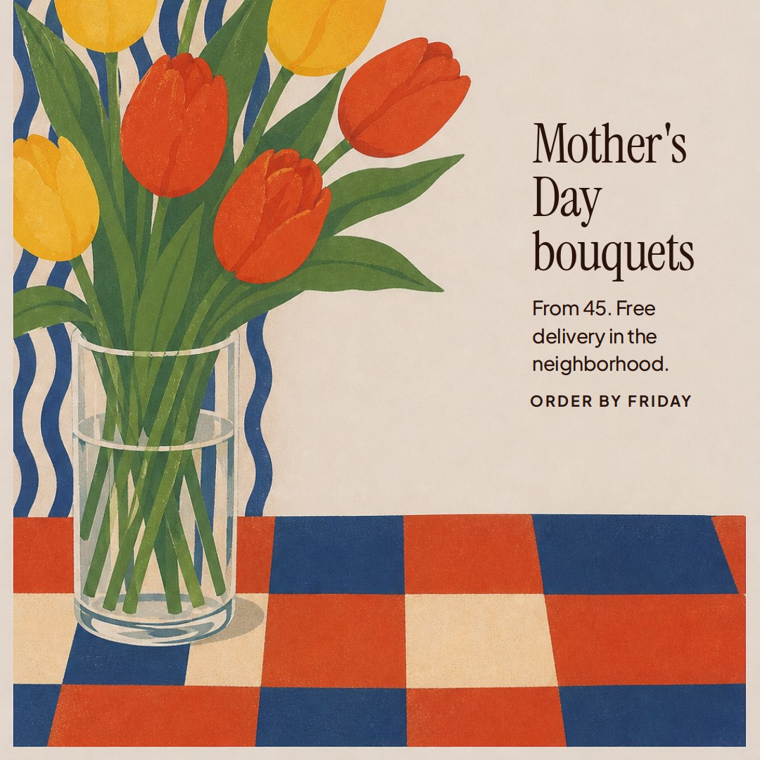 illustrated poster of orange and yellow tulips in a glass vase on a checkered red, blue, and cream tablecloth, with text advertising mother's day bouquets.