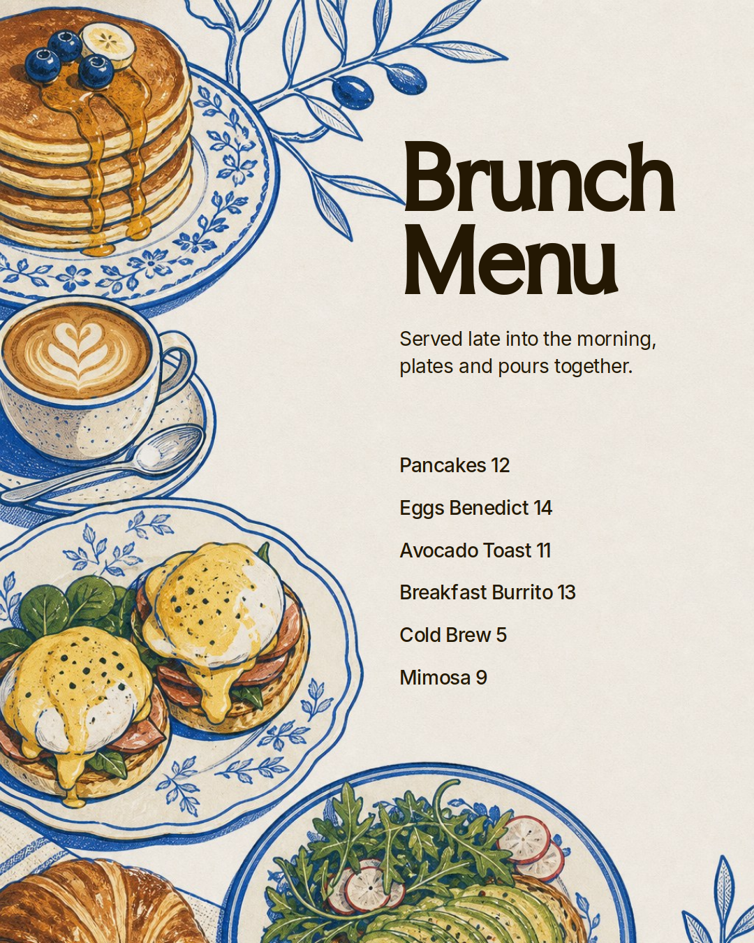 illustrated brunch menu with blue and white china plates featuring pancakes, coffee, eggs benedict, and salad, alongside a leafy branch and menu text in cream and dark brown.