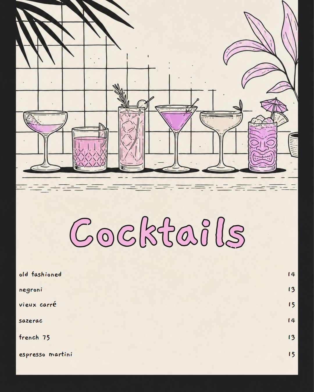illustrated cocktail menu with a row of pink drinks on a bar counter under palm leaves, titled cocktails in bubbly pink lettering with a drink list below.