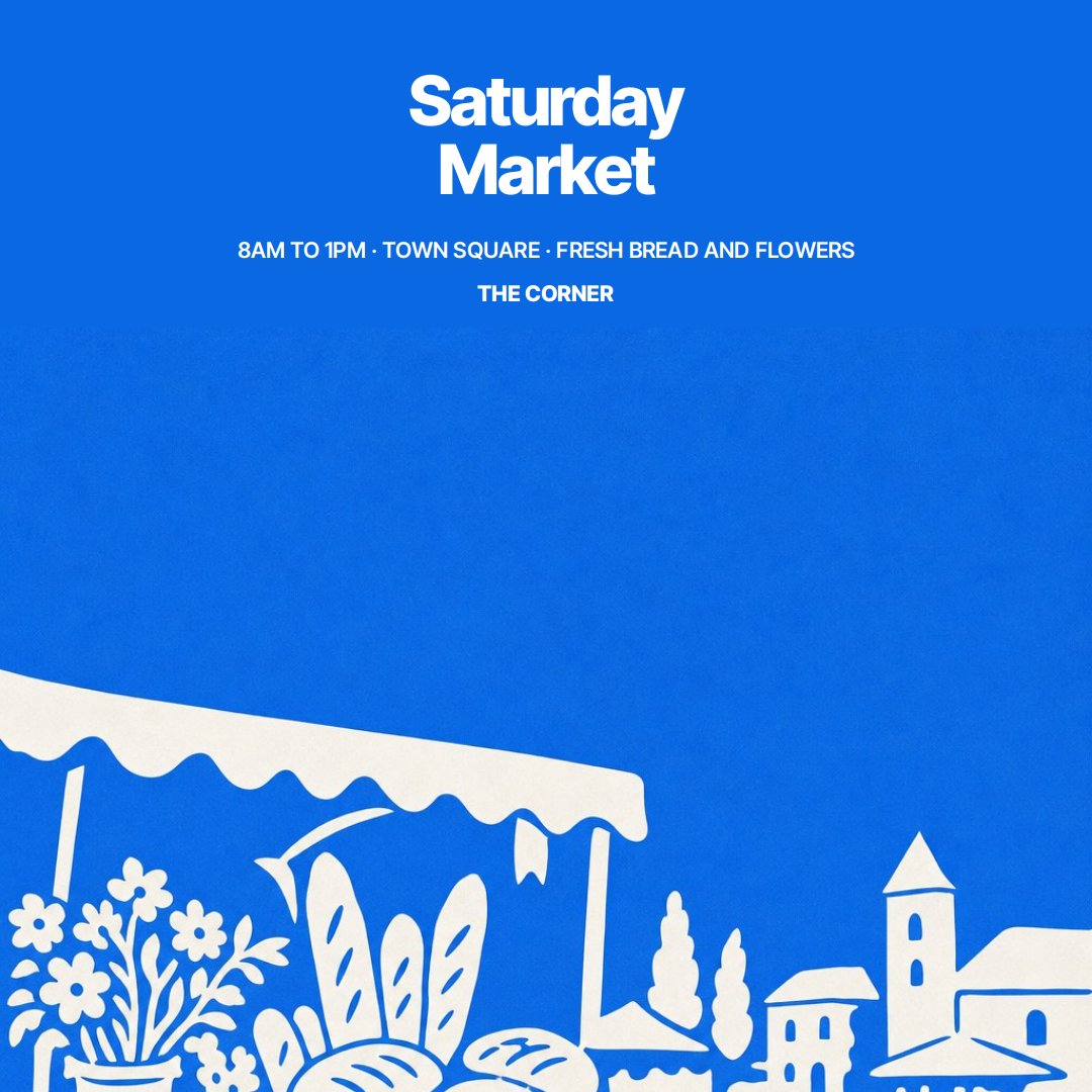 a bright blue poster with white papercut-style illustrations of a market stall, flowers, bread, and a small town skyline, announcing a saturday farmers market from 8am to 1pm at the town square.