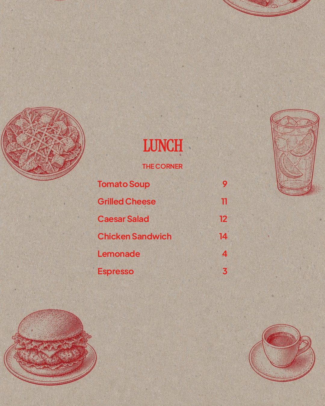 a lunch menu on brown kraft paper background with red hand-drawn sketches of a salad, burger, iced drink, and coffee cup surrounding a list of lunch items and prices.