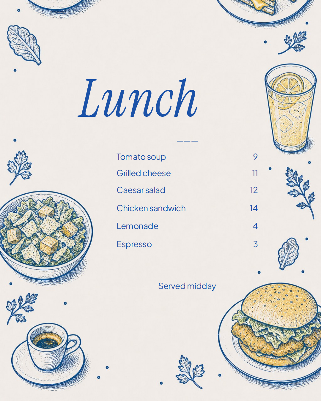 a cream-colored lunch menu with blue hand-drawn illustrations of salad, soup, sandwich, coffee, and lemonade surrounding a list of items and prices.