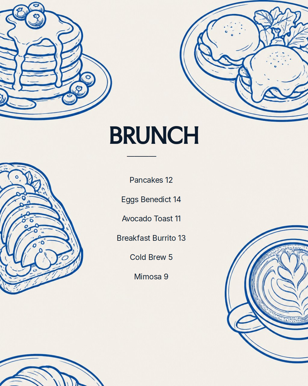 a cream-colored brunch menu with blue hand-drawn illustrations of pancakes, eggs benedict, toast, and coffee surrounding a list of menu items and prices.