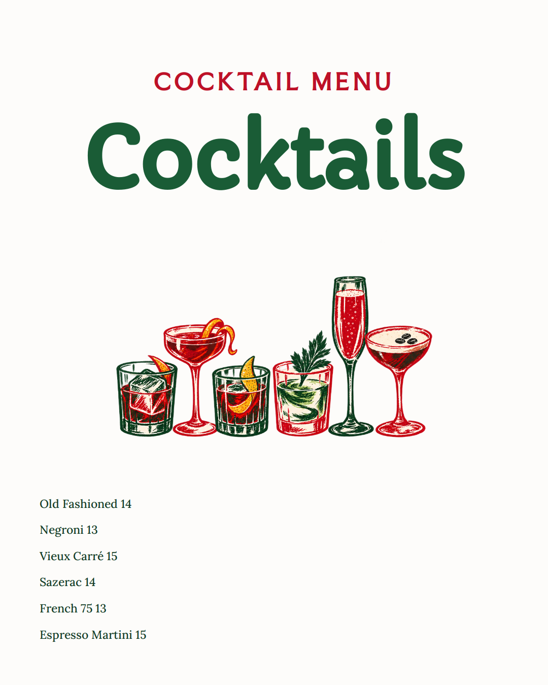 a cream-colored cocktail menu with hand-drawn illustrations of six cocktail glasses and a list of drinks in green and red text.