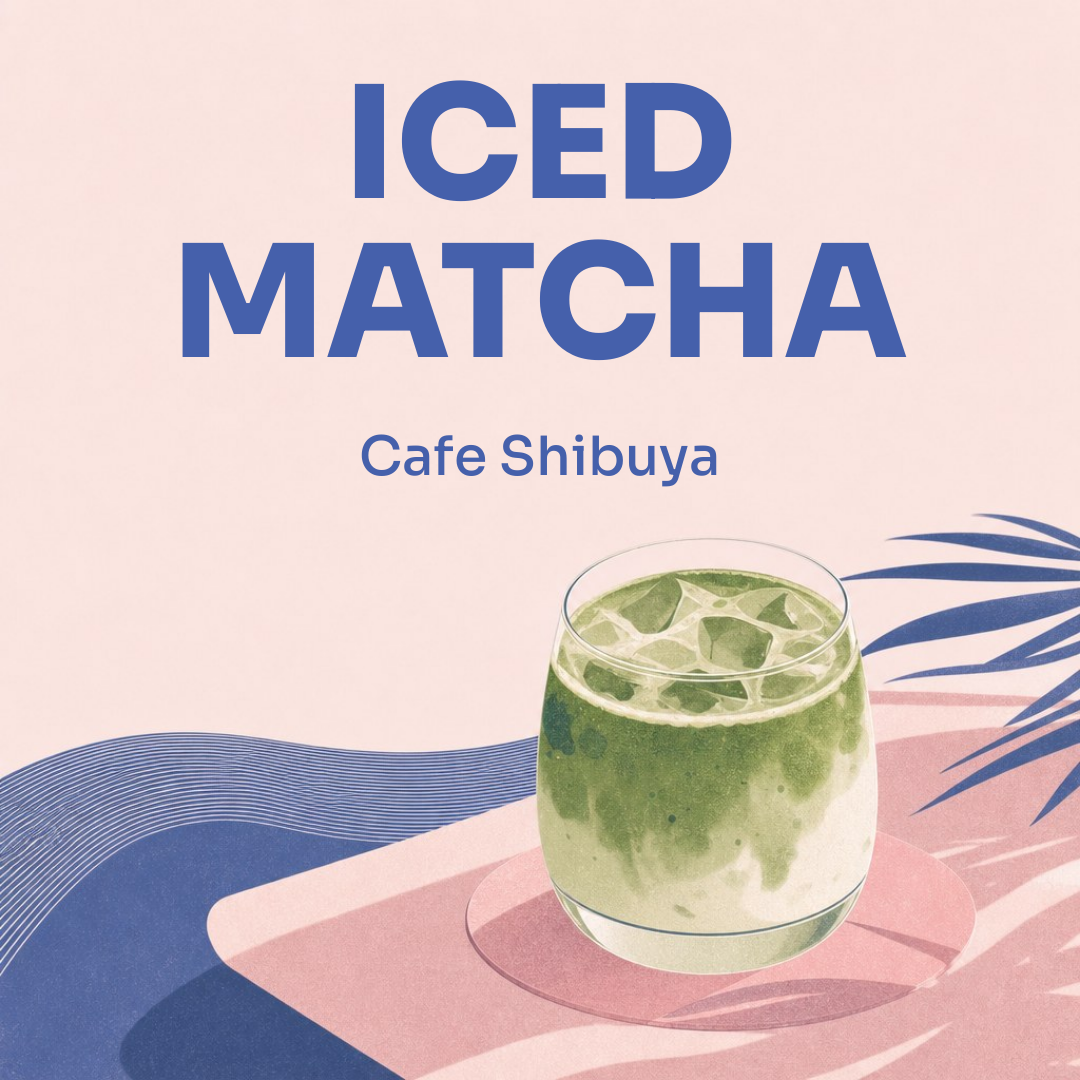 instagram post with pink background, blue bold text reading iced matcha, the corner, all summer long from 7am, and an illustration of an iced matcha latte on a pink table with a palm leaf.